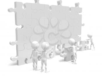 Royalty Free Clipart Image of a Team Building a Puzzle Wall