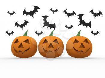 Royalty Free Clipart Image of a Group of Pumpkins with Bats