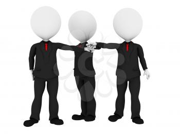 3d rendered business people in uniform putting hands together all for one - Business team union concept - Image on white background with soft shadows