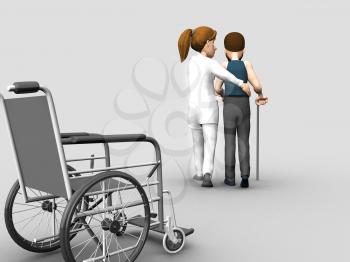 nurse helps a senior woman on crutches 