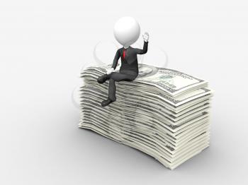 3d businessman sitting on top of stack of dollar with hand raise