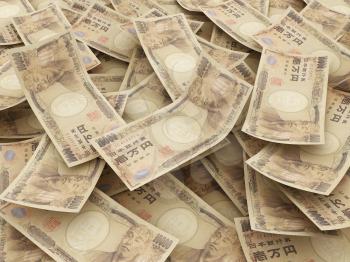Bundle of Japanese Yen notes.  Pile of 10000 Yen