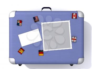 illustration of a light blue suitcase covered in travel stickers, flags. 