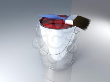 Bucket of red paint with a brush