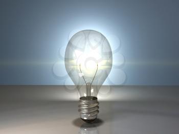 yellow glowing light bulb, 3D image of a bulb turned on