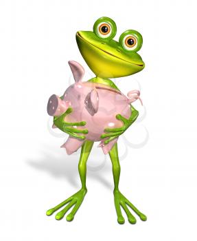 3d illustration merry green frog with piggy bank