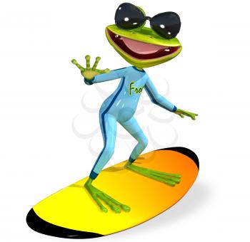 3d illustration merry green frog on a surfboard
