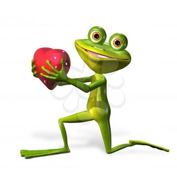 illustration merry green frog with red heart