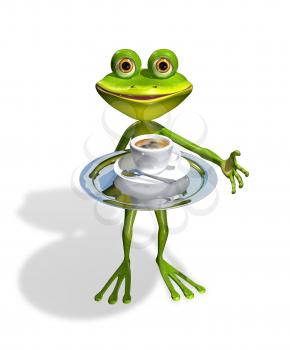 Royalty Free Clipart Image of a Frog Serving a Cup of Coffee