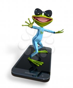 Royalty Free Clipart Image of a Frog Surfing on a Cellphone