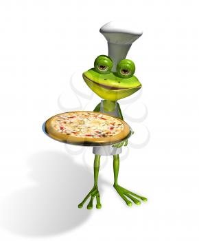 Royalty Free Clipart Image of a Frog Holding a Pizza