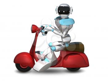 3D Illustration of a Robot on a Red Motor Scooter