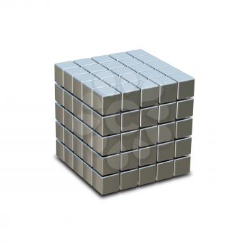 3D illustration of metal cube made of small cubes