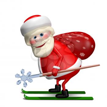 3D Illustration of Santa Claus with a Bag by Ski with Staff
