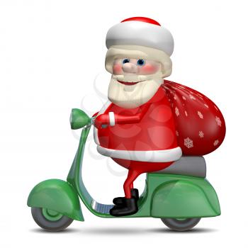 3D Illustration of Santa Claus on a Green Motor Scooter