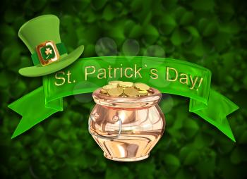 3D Illustration of a Pot of Gold on a Green Background