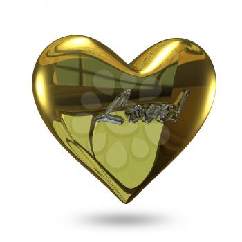 3D Illustration of a Heart of Gold with an Inscription on a White Background