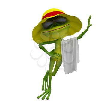 3D Illustration of the Frog in Yellow Panama with Towel on a White Background