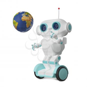 3d Illustration White Robot with Globe on Scooter
