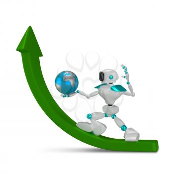 3D Illustration White Robot with Globe on Green Arrow on a White Background