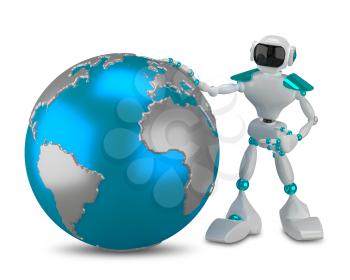 3D Illustration White Robot with Globe on a White Background