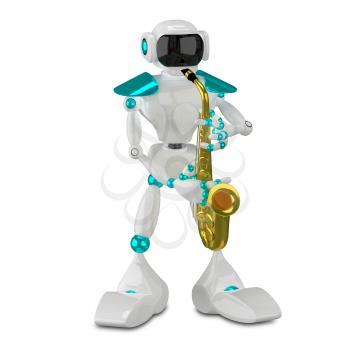 3D Illustration White Robot with Sax on a White Background