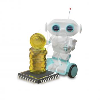 3D Illustration Robot and Bitcoins on White Background
