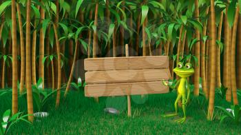 3D Frog Illustrations in the Jungle with Wooden Plate