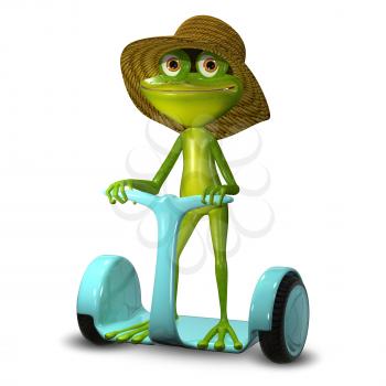 3d Illustration  Green Frog in a Hat on Segway