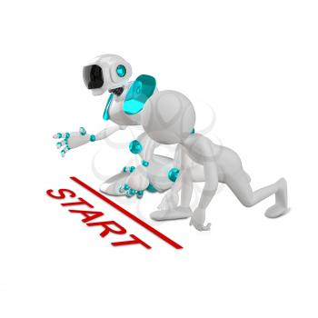 3D Illustration of an Abstract Man and Robot at Start on a White Background