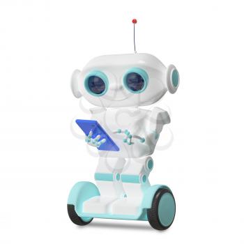3D Illustration Robot on Scooter with Smartphone on a White Background  