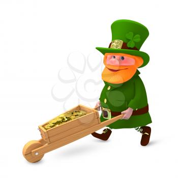 3D Illustration of Saint Patrick with Clover and with Cart on a White Background