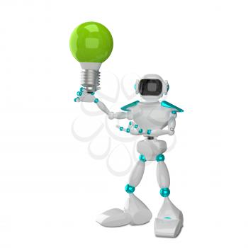 3D Illustration White Robot with Green on a White Background
