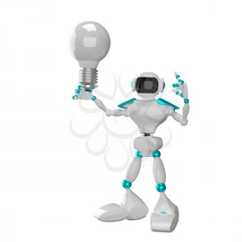 3D Illustration White Robot with White Light Bulb on a White Background