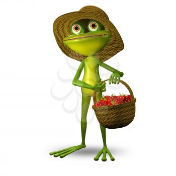 3D Illustration Green Frog with Strawberry Basket