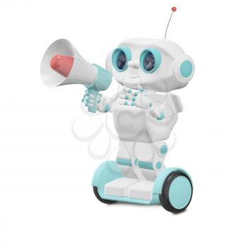 3D Illustration Robot with Megaphone on a White Background