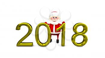 3D Illustration of Santa and Gold Inscription 2018 on White Background