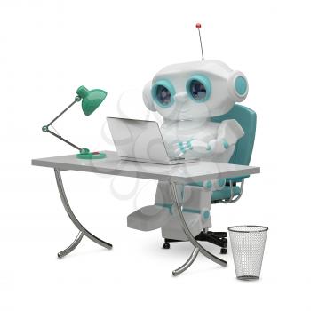 3D Illustration of the Little Robot Behind the Table on White Background