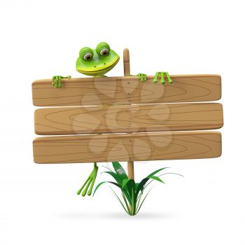 3D Illustration Frog with Wooden Plaque on a White Background