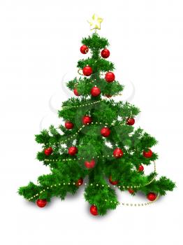 3D Illustration of Christmas Fir with Red Balls on White Background