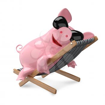 3D Illustration Pig on a Deck Chair on White Background
