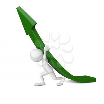 3D Illustration of Abstract Man Raises Green Arrow on a White Background