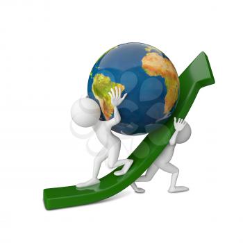 3D Illustration of Two Abstract People Raising a Globe on a White Background