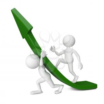 3D Illustration Two Abstract Human Raises A Green Arrow on a White Background