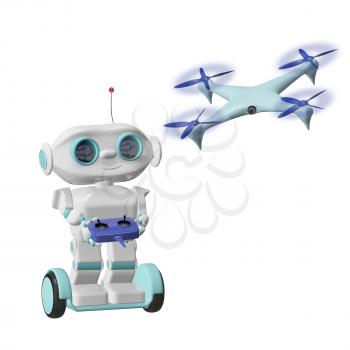 3D Illustration Robot with Quadrocopter on a White Background