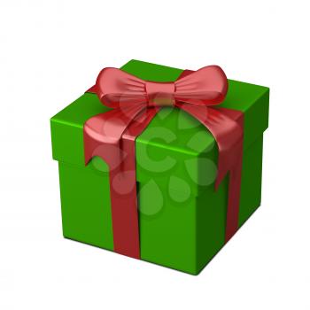 3D Illustration of Green Gift Box with Ribbon on a White Background