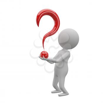 3D Illustration of an Abstract Man with a Question Mark in his Hands on a White Background