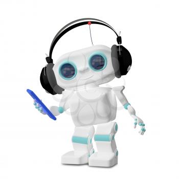 3D Illustration of the Little Robot Dances in the Headphones
