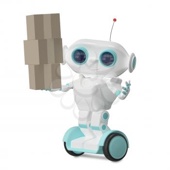3d Illustration White Robot on Scooter with Three Box