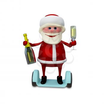 3d Illustration of Santa with Champagne on Electric Scooter